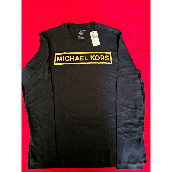 Michael Kors Tops - Michael Kors, Camiseta Negra Manga Larga Logo Dorado Hombre Mujer Unisex Talla M